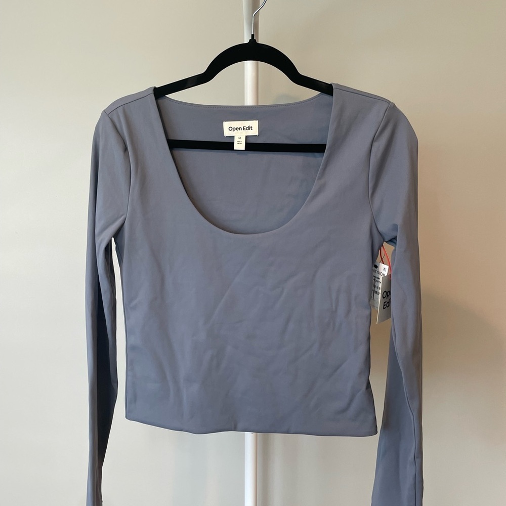 Open Edit Long-Sleeve Scoop Neck Crop Top in Slate Gray - Medium